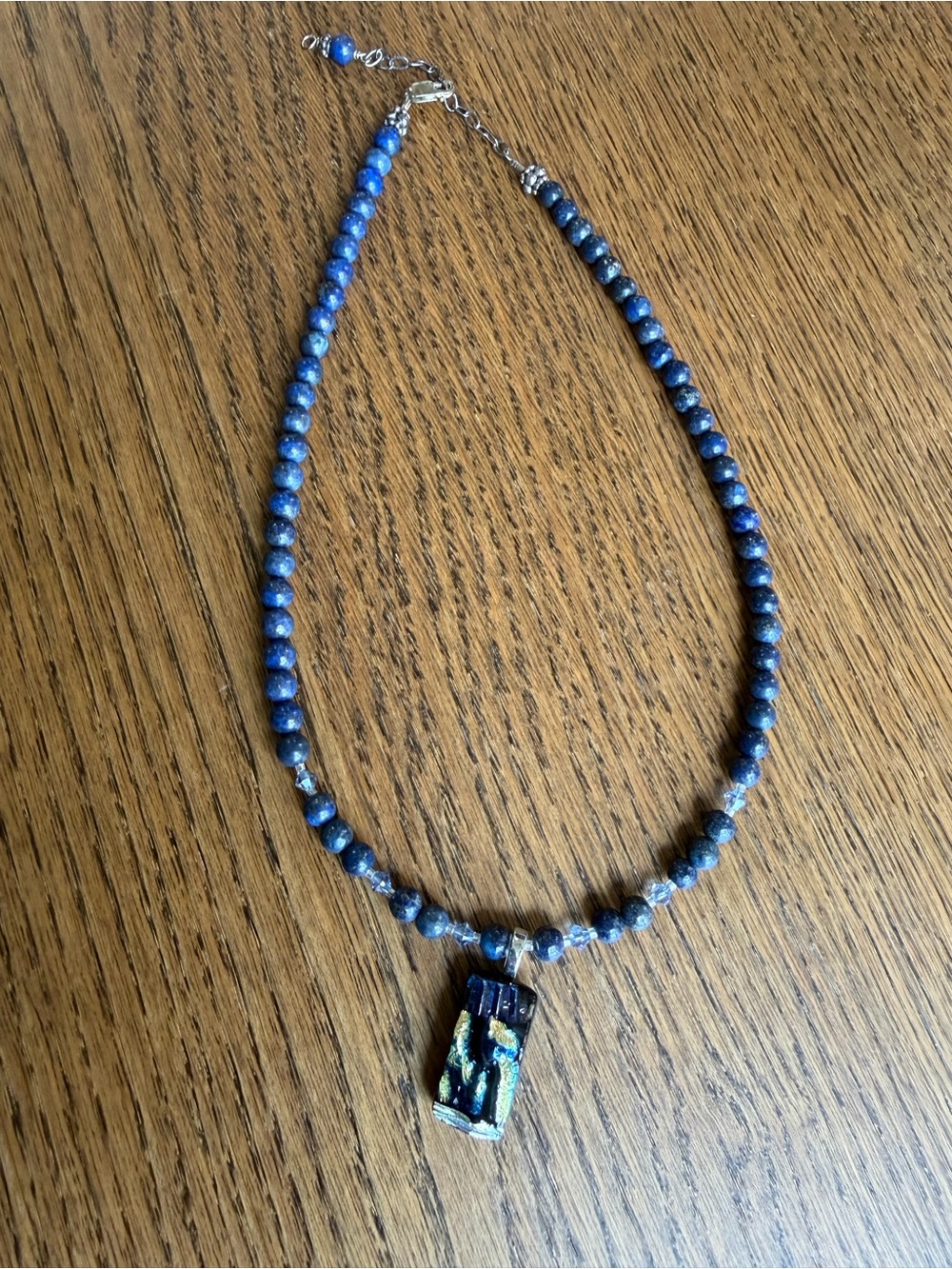 Artisan Handcrafted Lapis Lazuli Beaded Necklace Dichroic Glass Pendant
